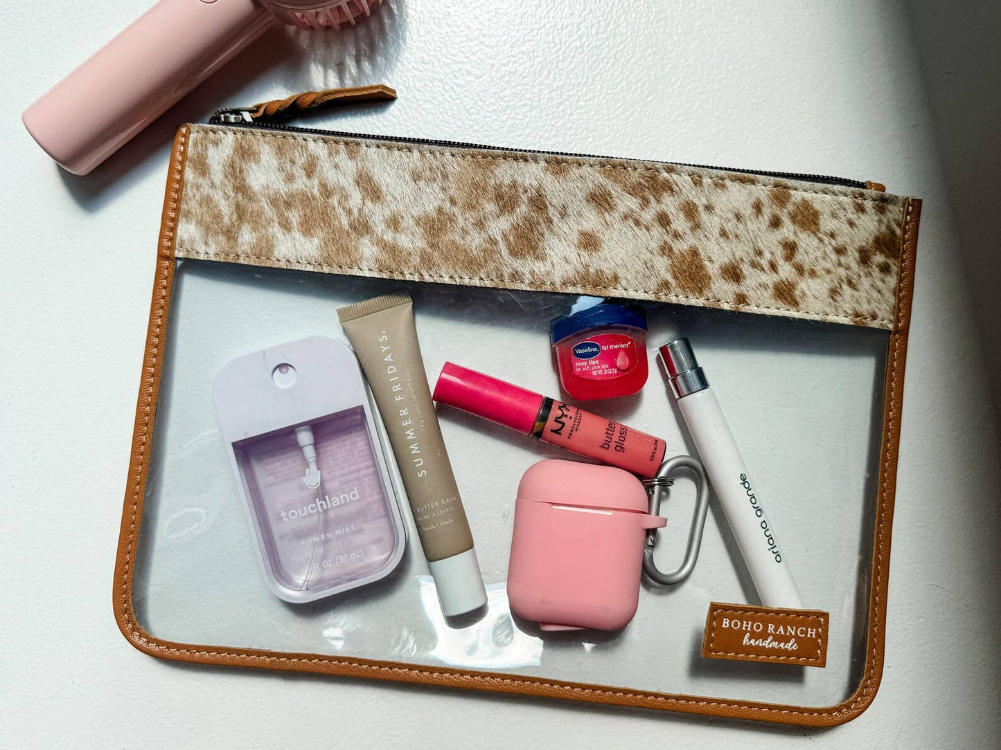 Boho Ranch Shop - Cowhide Clear Toiletry Makeup Bag, organizer Travel Pouch - TAN + WHITE COWHIDE