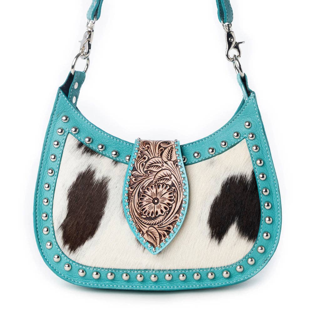 Myra Bag - Santa Fe Handtooled Bag for Women in Turquoise with hairon and studded detail - Turquoise