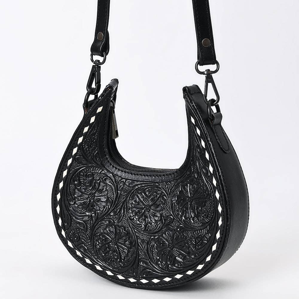 Black Half-Moon Hand-Tooled Leather Crossbody Bag - American Darling