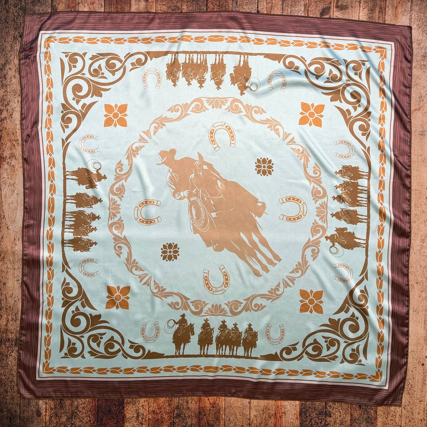 WESTERN COWBOY PRINT SILD WILD RAG 36X36 - Mint/Brown