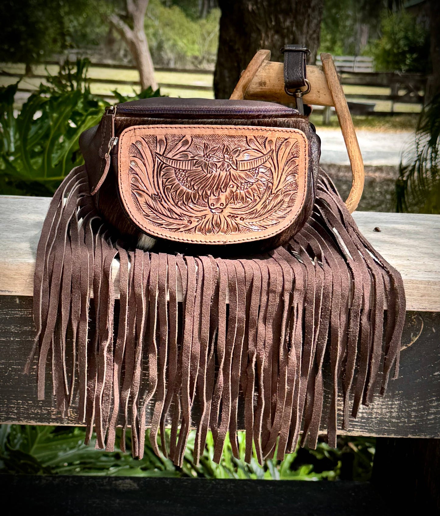 Southern Junkie Gypsy Boutique - Cowhide Leather Fanny Pack Sling Bag Highland Cow Western