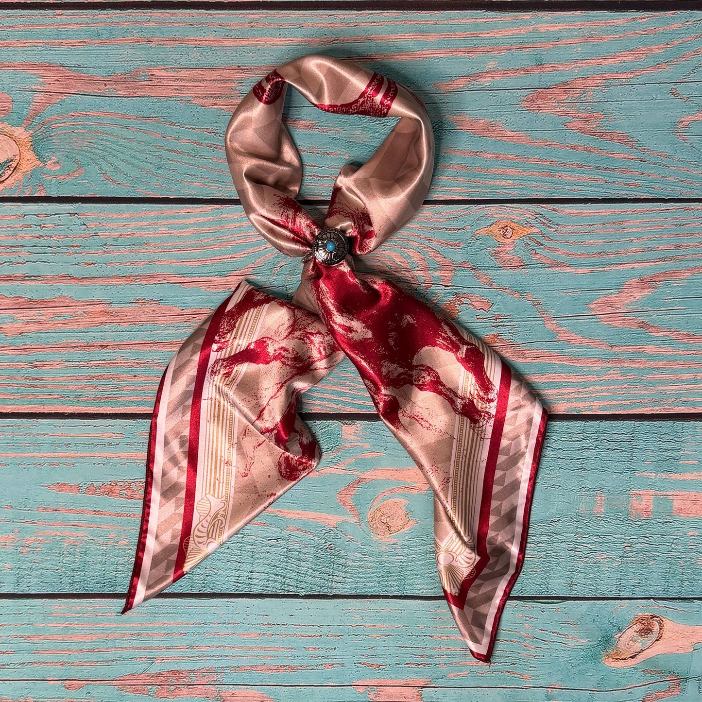 RUNNING HORSES PRINT WILD RAG 36X36 - Khaki/Red