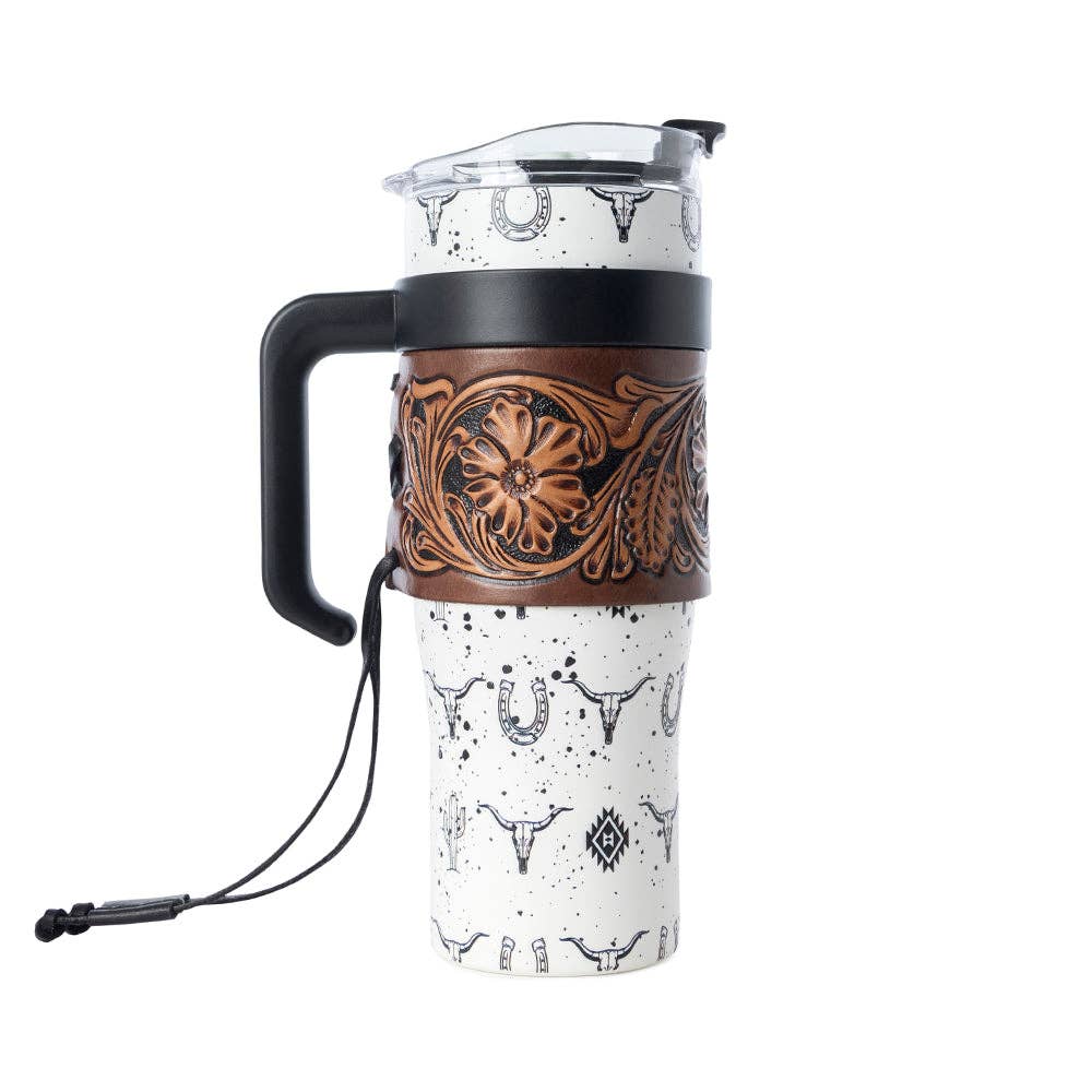 Myra Bag - Westmark Tooled Western Tumbler in White Stainless Steel with Leather Wrap and Handle for Use - WITH TOOLING