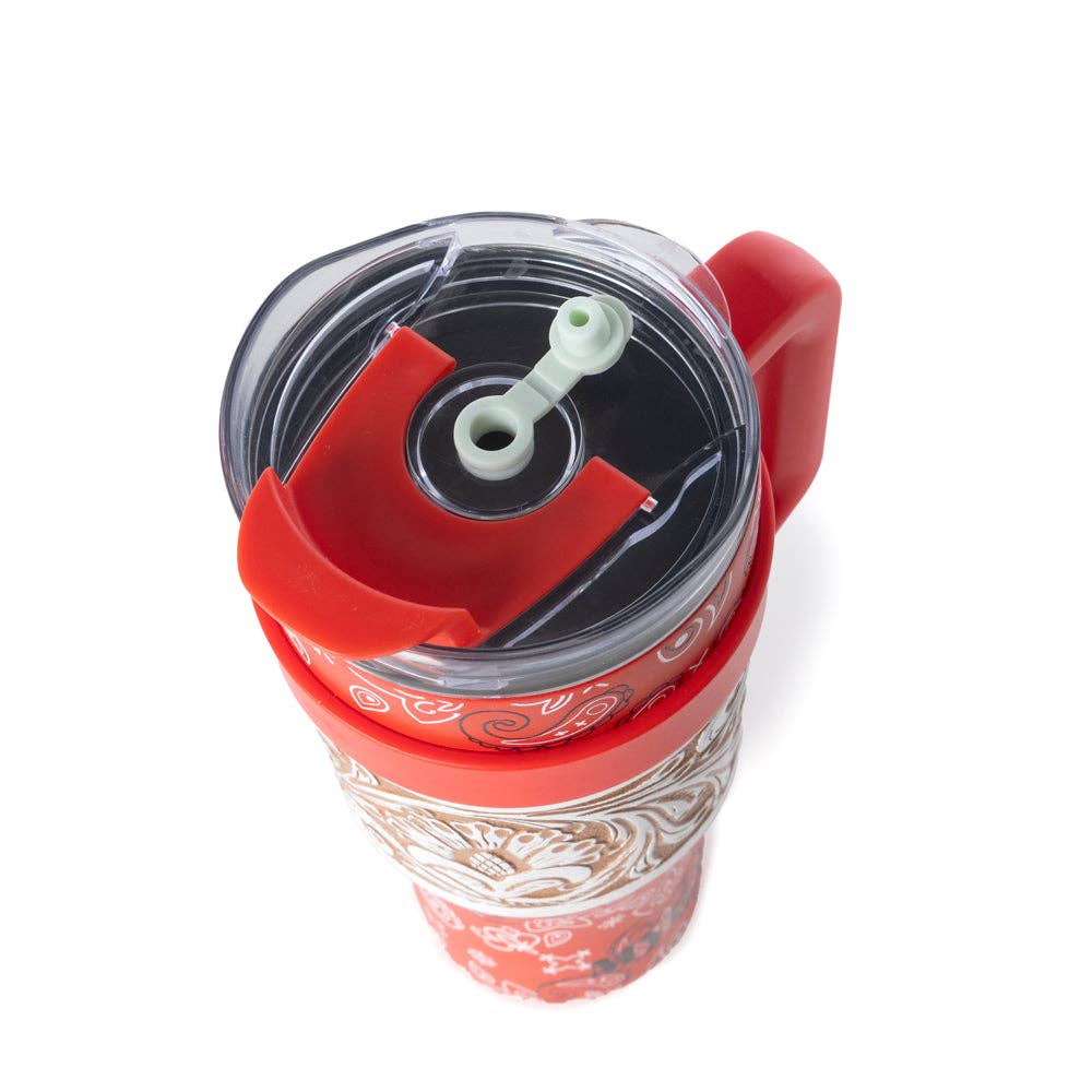 Myra Bag - Bandana Tooled Western Tumbler in Red Stainless Steel with Handtooled Leather and Handle for Use - WITH TOOLING