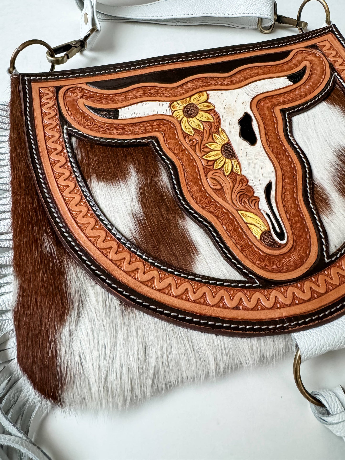 Boho Ranch Shop - THE CAROLINE CROSSBODY steer longhorn - cowhide purse bag - YELLOW FLOWER