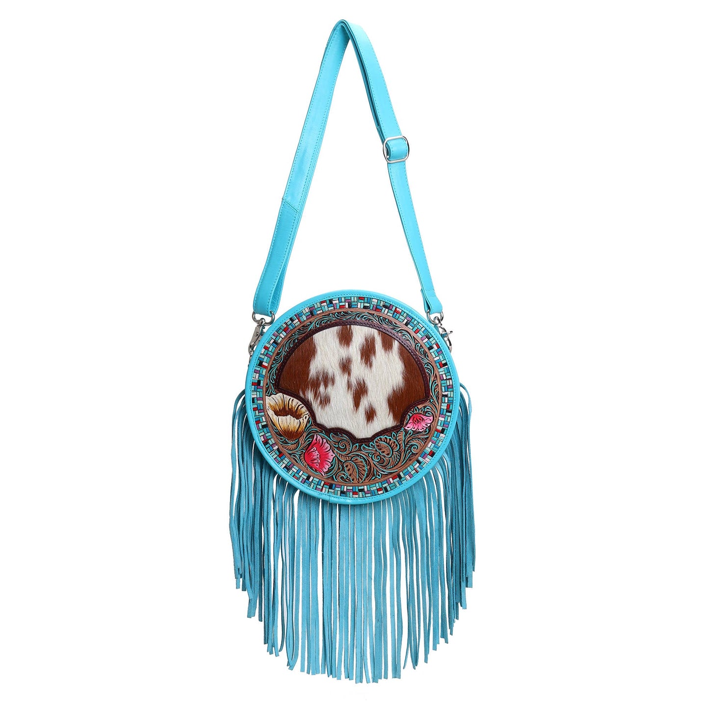 Leather Cowhide Western Hand Tooled Women's Round Crossbody - Free Bird Hand Tooled with Tan White Cowhide Inlay.