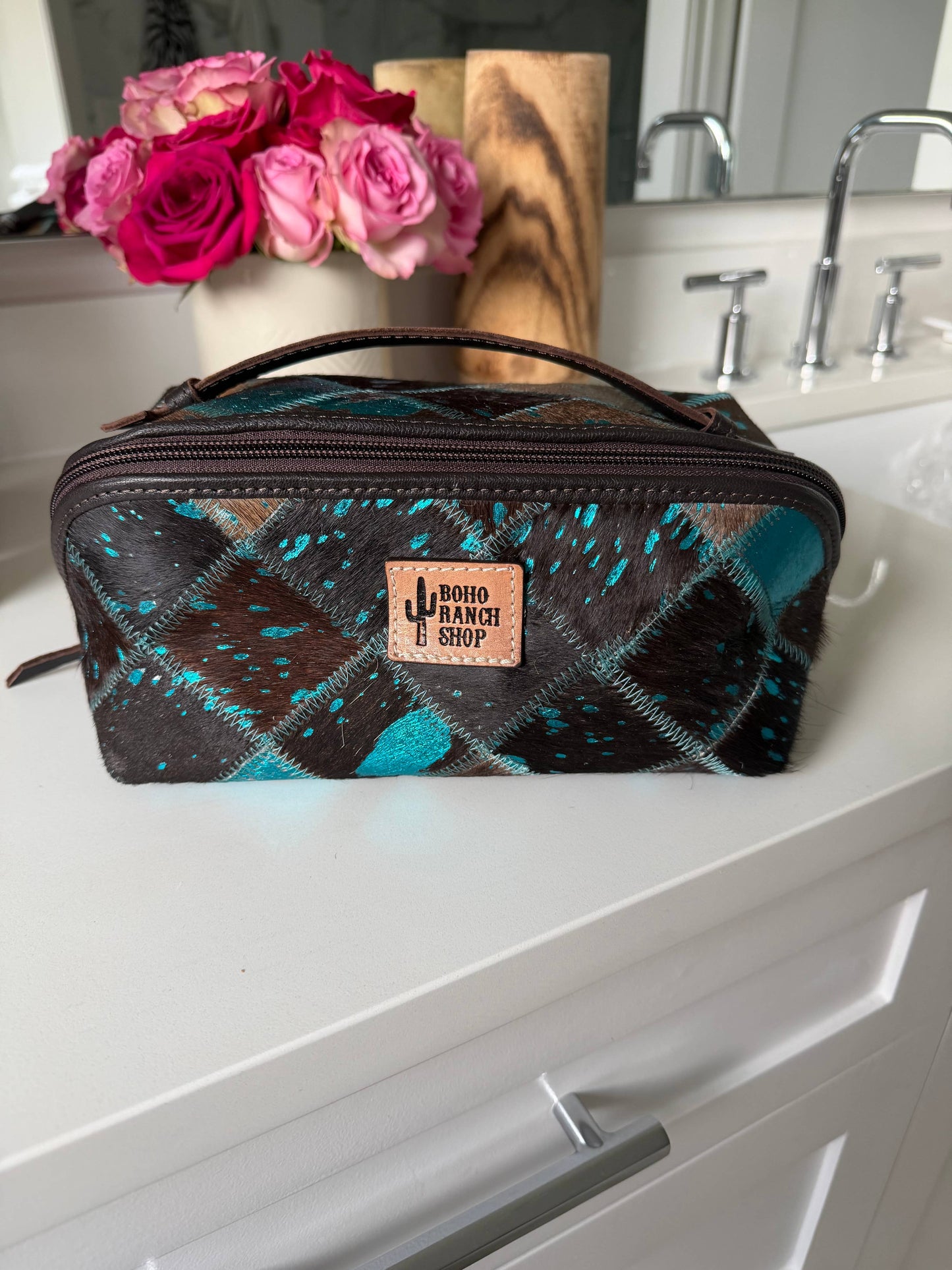 Boho Ranch Shop - Ella Cowhide Makeup Bag Leather Cosmetic Diagonal Opening - WHITE + PINK SPECS