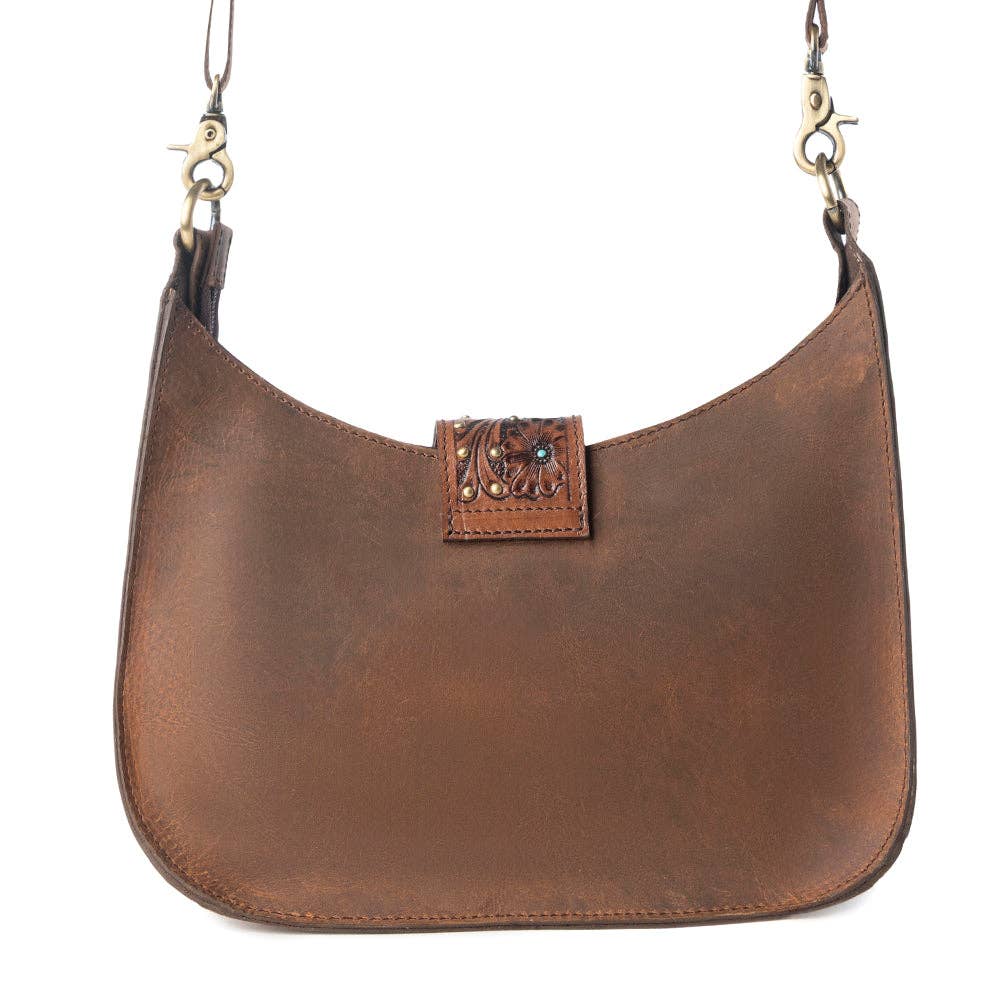 Myra Bag - Santa Fe Handtooled Bag for Women in Brown with hairon and studded detail - Brown