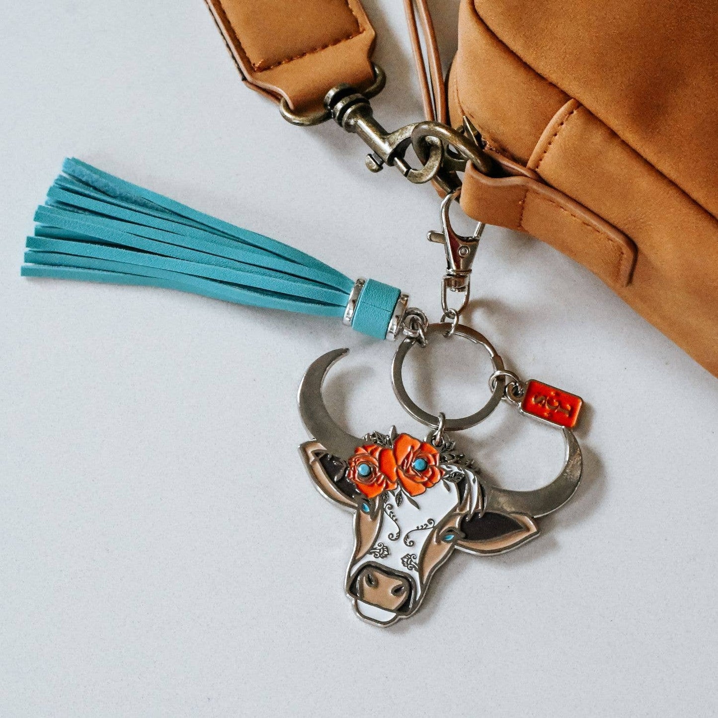Sophisticated Country Lady - Rodeo Rosie Cow Enamel Keychain Bag Charm - Hanging Card