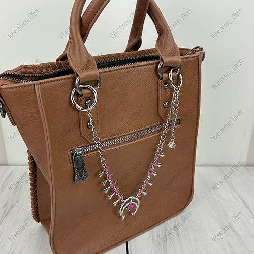 Western Elite Jewelry - PC260629-10            Silver metal chain with hot pink stone squash blossom adjustable Purse chain