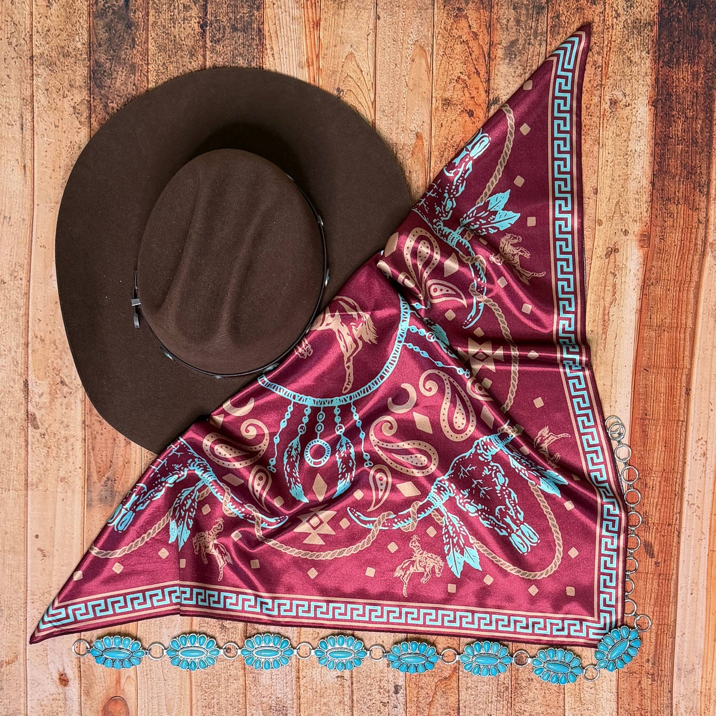 LONGHORN BRONCO PRINT SQUARE SILK WILD RAG 36X36 - Burgundy/Turquoise