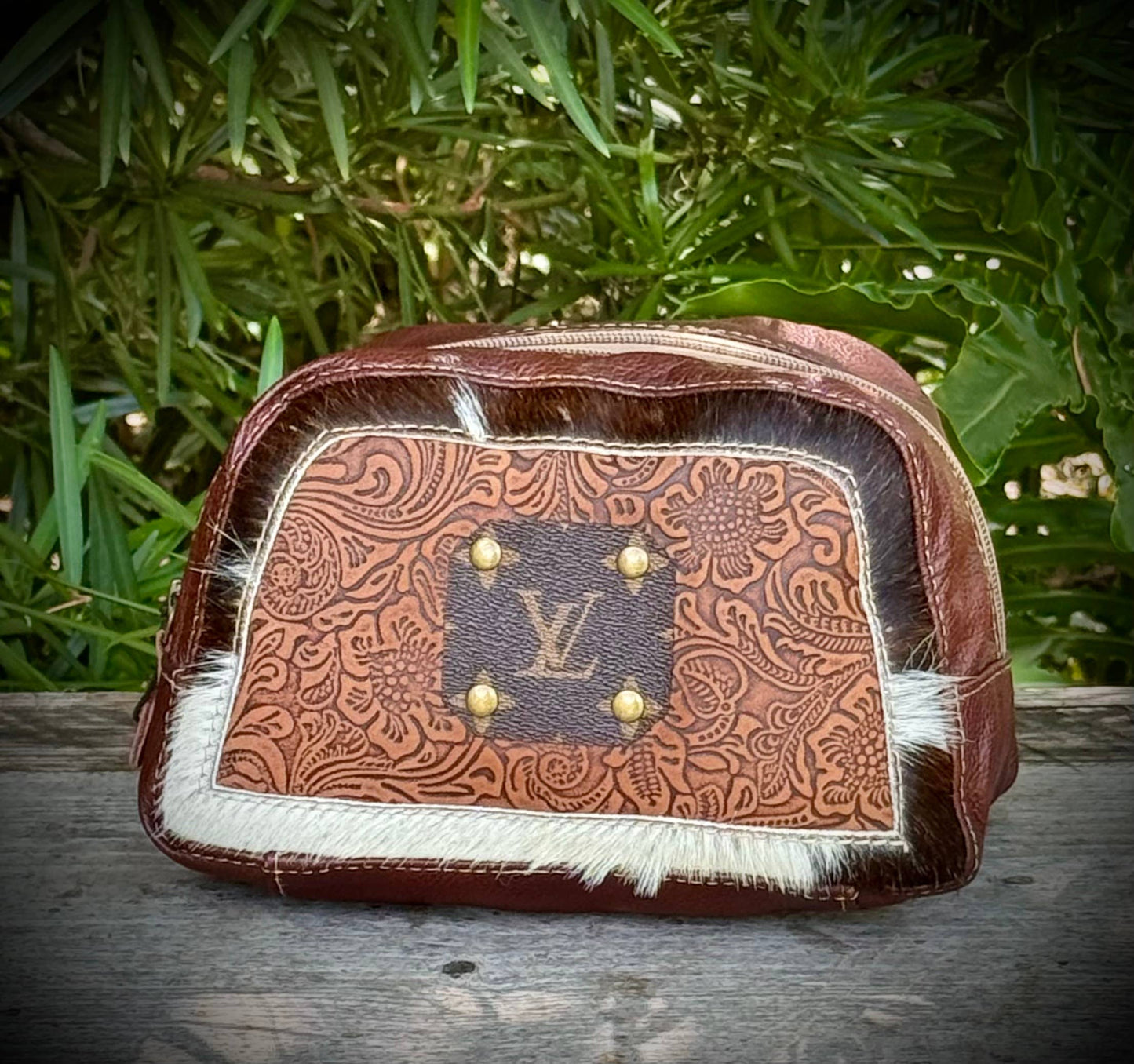 Southern Junkie Gypsy Boutique - Upcycled LV Cowhide Leather Makeup Cosmetic Bag Western 