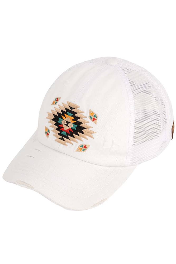Hana - C.C Aztec Patch Distressed Criss-Cross Pony Cap - Dark Olive