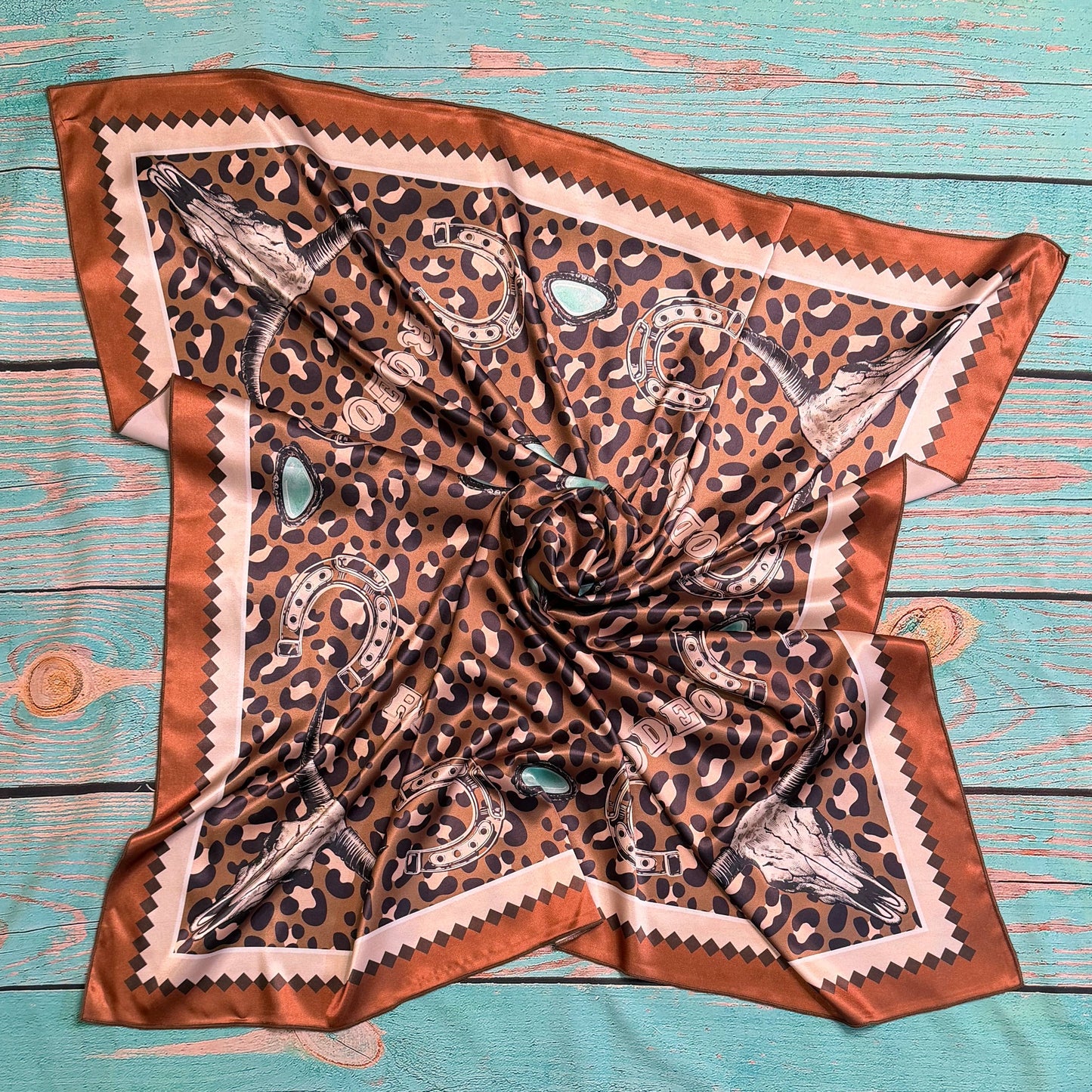 WESTERN RODEO PRINT SILK SCARF 36X36 - Mocha/Turquoise