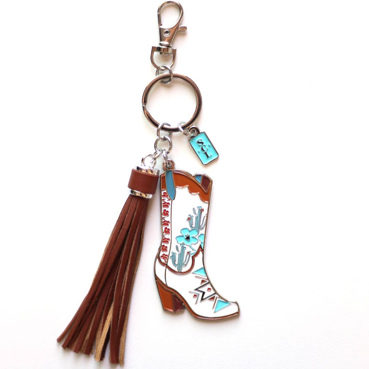 Sophisticated Country Lady - Southwest Aztec Floral Cowgirl Boots Enamel Keychain - Hanging Card
