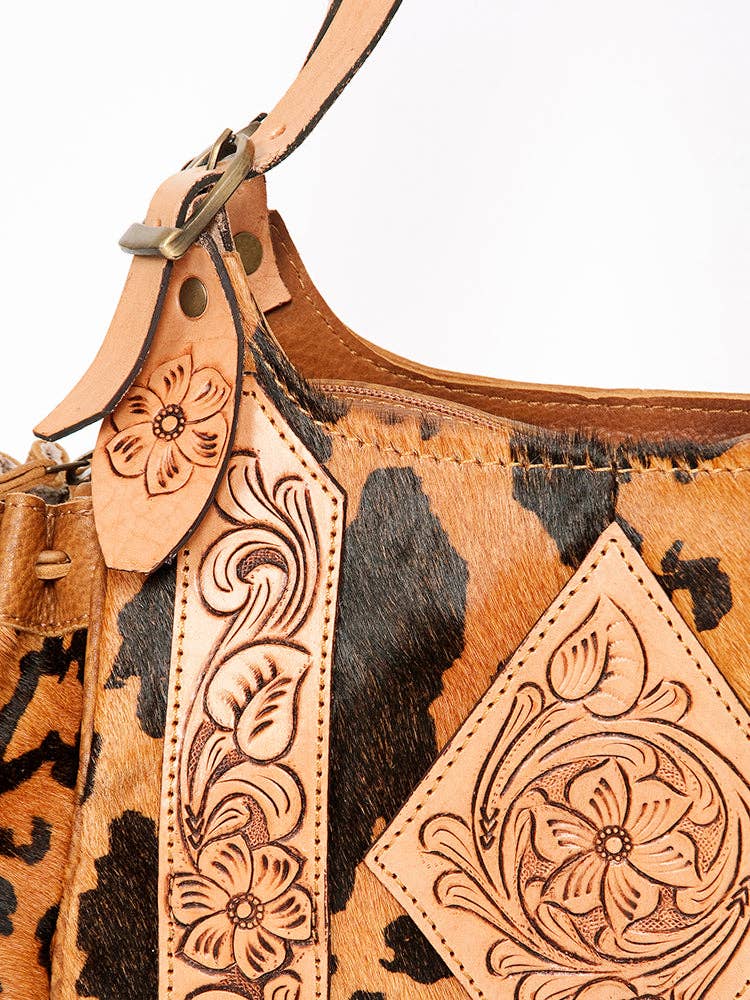 LS Western - ADBGA209 Western Floral Tooled Leather Cowhide Shoulder Handbag with Drawstring Tassel - ADBGA209B