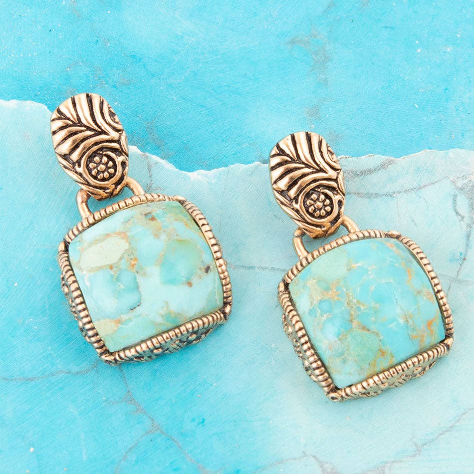 Barse Jewelry - Carved Blue Turquoise Golden Earrings