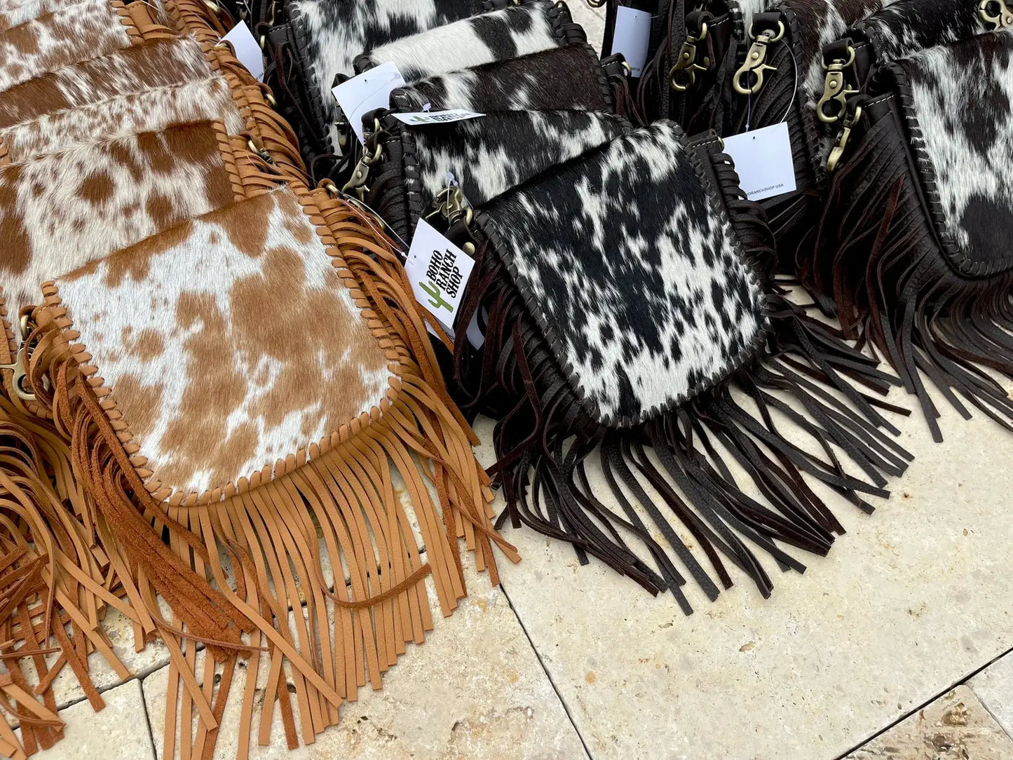 Boho Ranch Shop - The Kylie Crossbody - Genuine Hairon Cowhide - BROWN + TURQUOISE SPECS