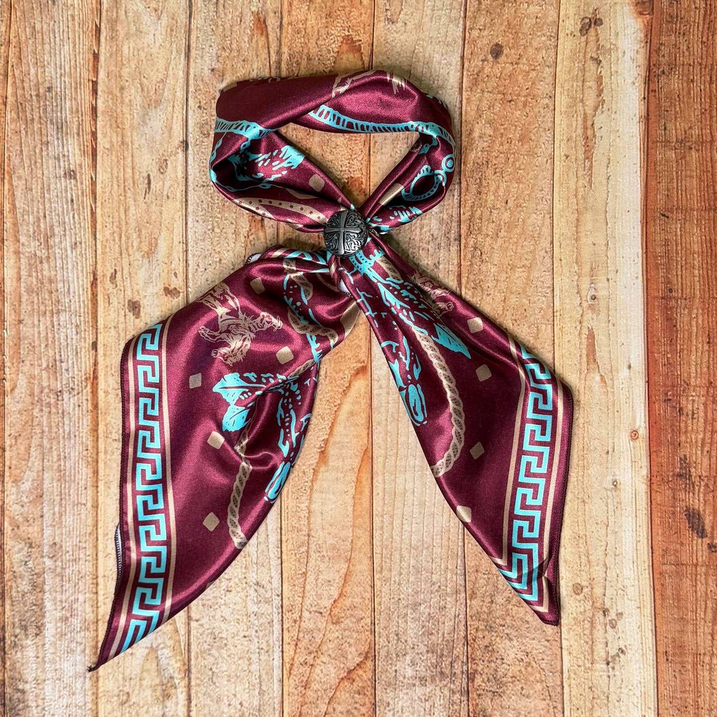 LONGHORN BRONCO PRINT SQUARE SILK WILD RAG 36X36 - Burgundy/Turquoise