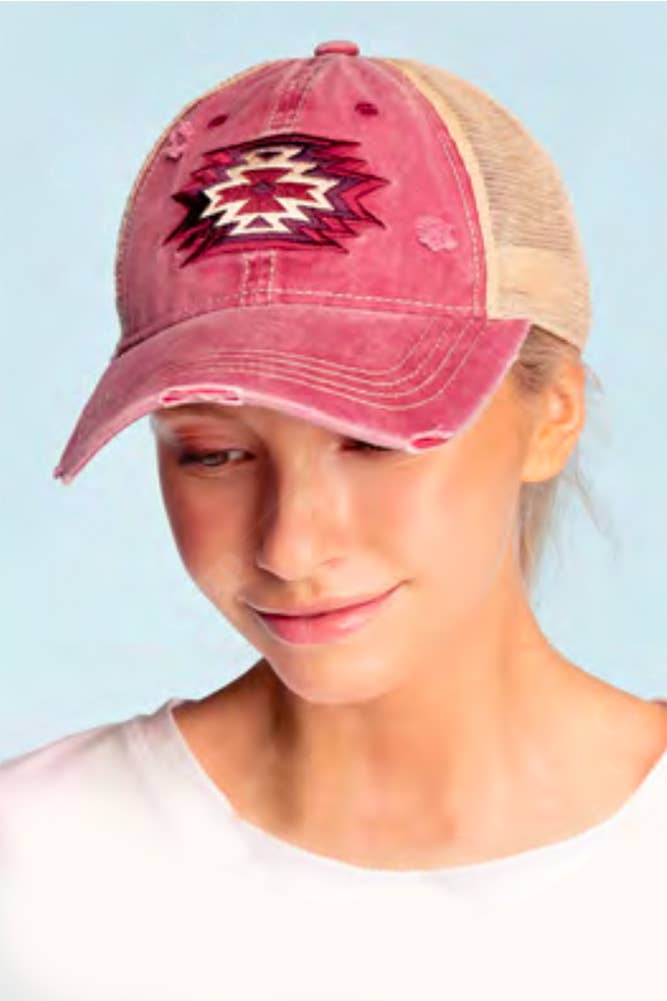 Hana - C.C Aztec Patch Embroidery Mesh Pony Cap - Black