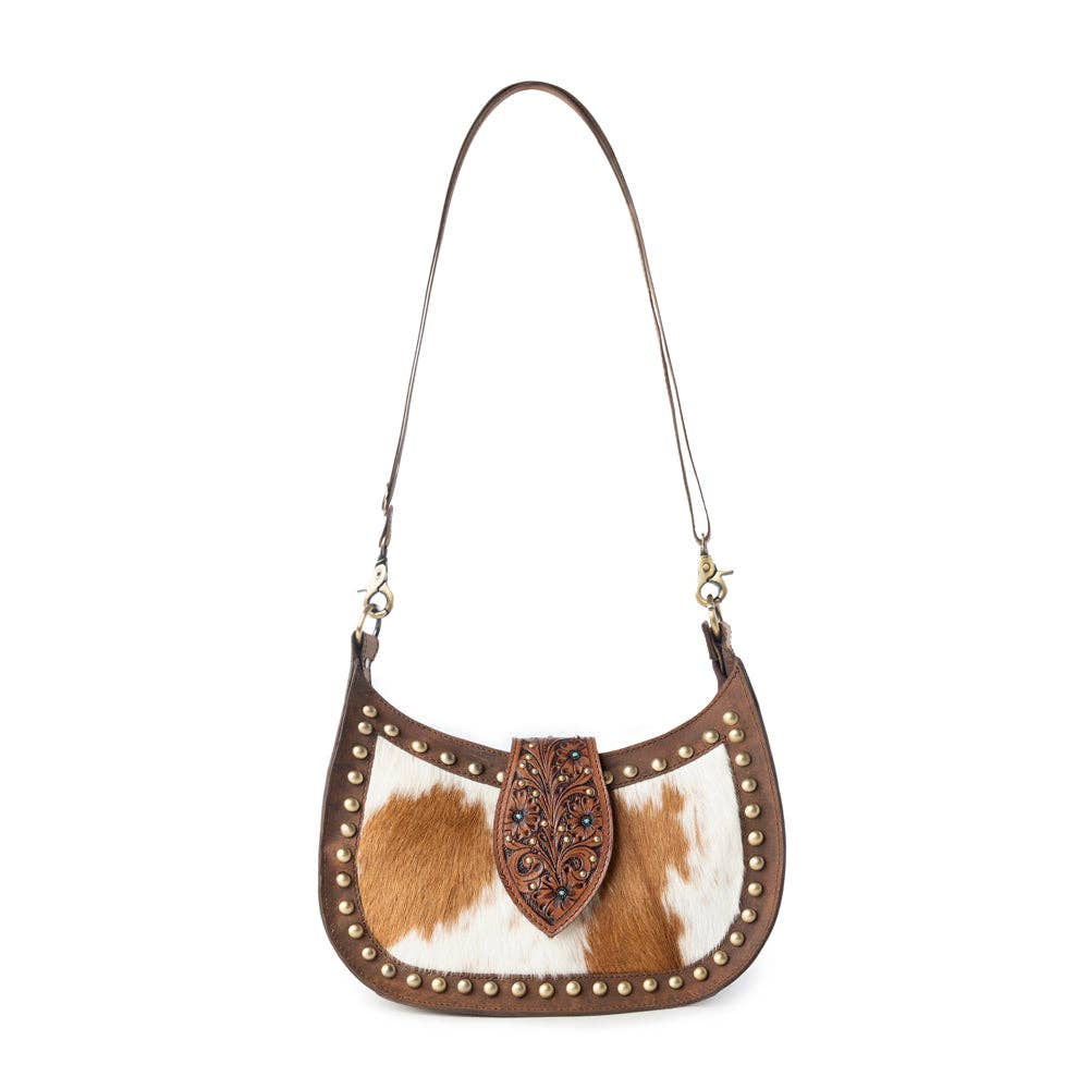 Myra Bag - Santa Fe Handtooled Bag for Women in Brown with hairon and studded detail - Brown