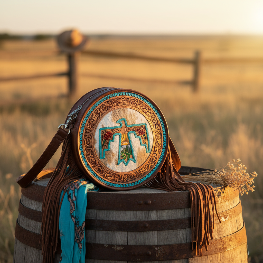 Leather Cowhide Western Hand Tooled Women's Round Crossbody - Free Bird Hand Tooled with Tan White Cowhide Inlay.