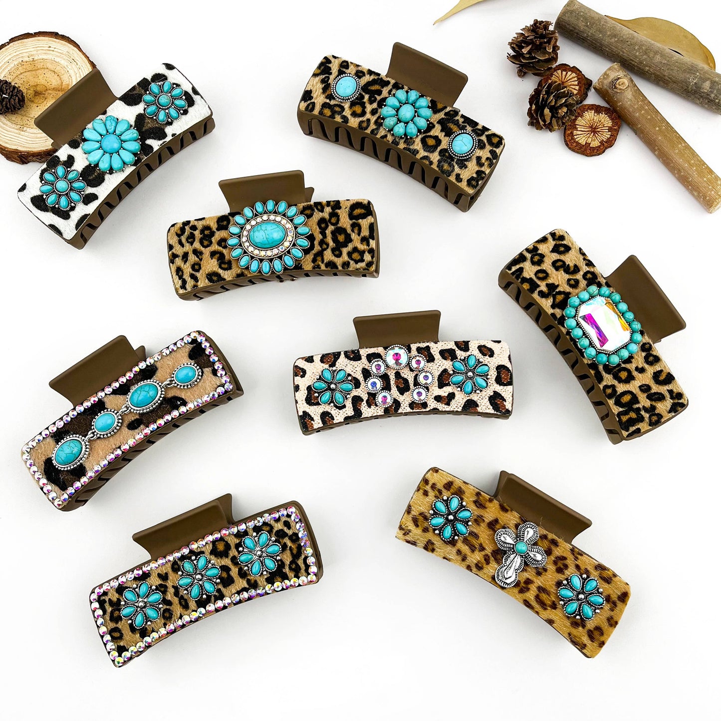mildstyles - Boho Turquoise Leopard Print Leather Hair Claw Clip - H