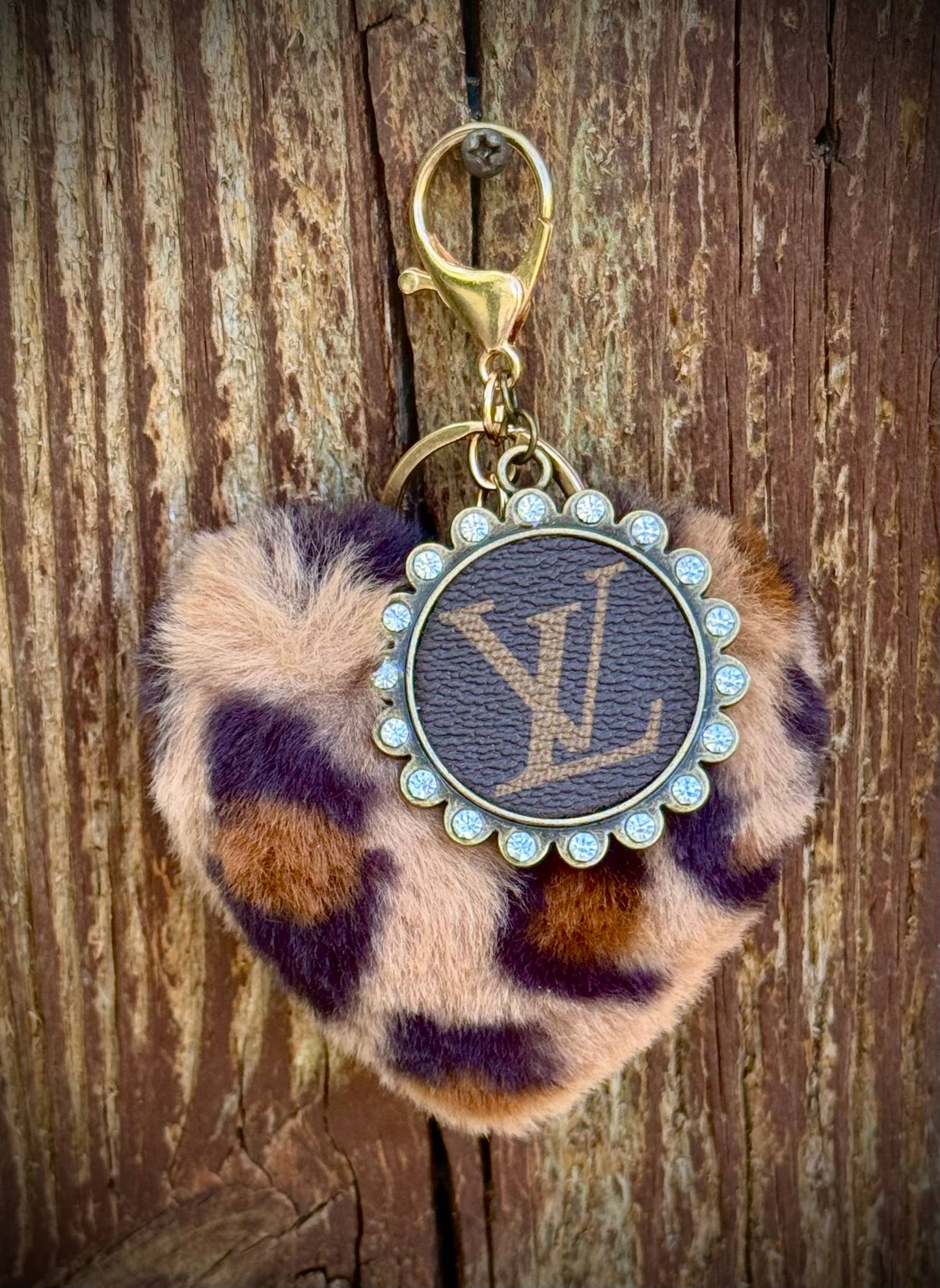 Southern Junkie Gypsy Boutique - Upcycled LV Leopard Heart Keychain Bag Charm Fuzzy 