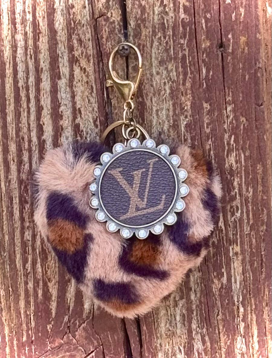 Southern Junkie Gypsy Boutique - Upcycled LV Leopard Heart Keychain Bag Charm Fuzzy 