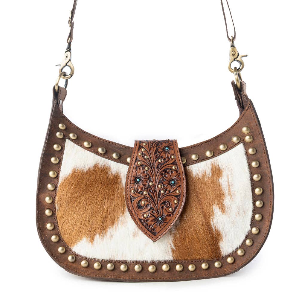Myra Bag - Santa Fe Handtooled Bag for Women in Brown with hairon and studded detail - Brown