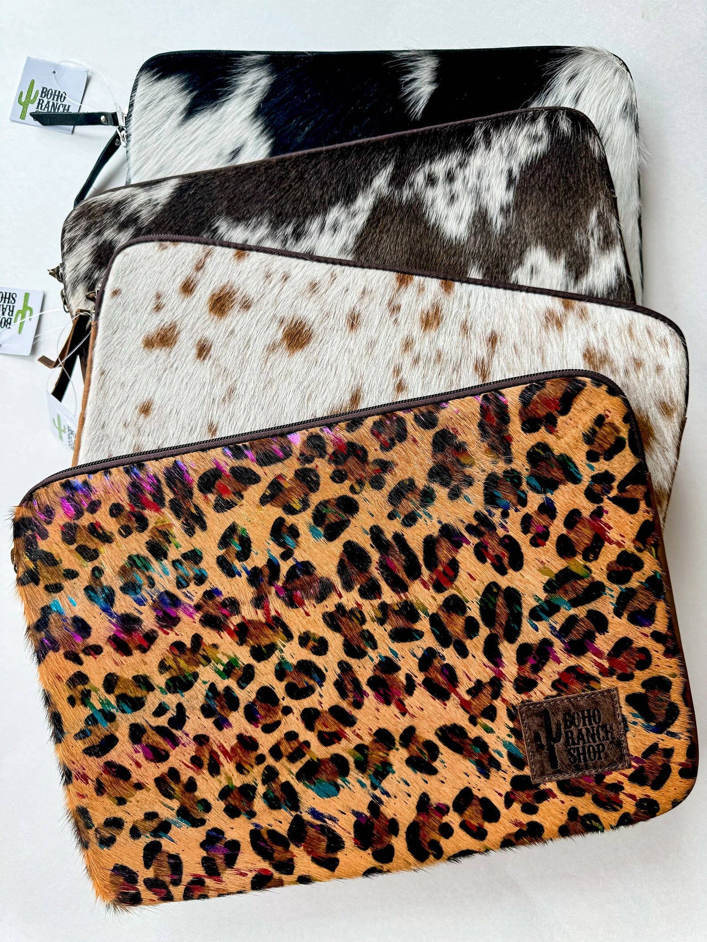 Boho Ranch Shop - Cowhide Laptop Computer Tech Sleeve Pouch - Leather Back - LEOPARD + RAINBOW - MEDIUM