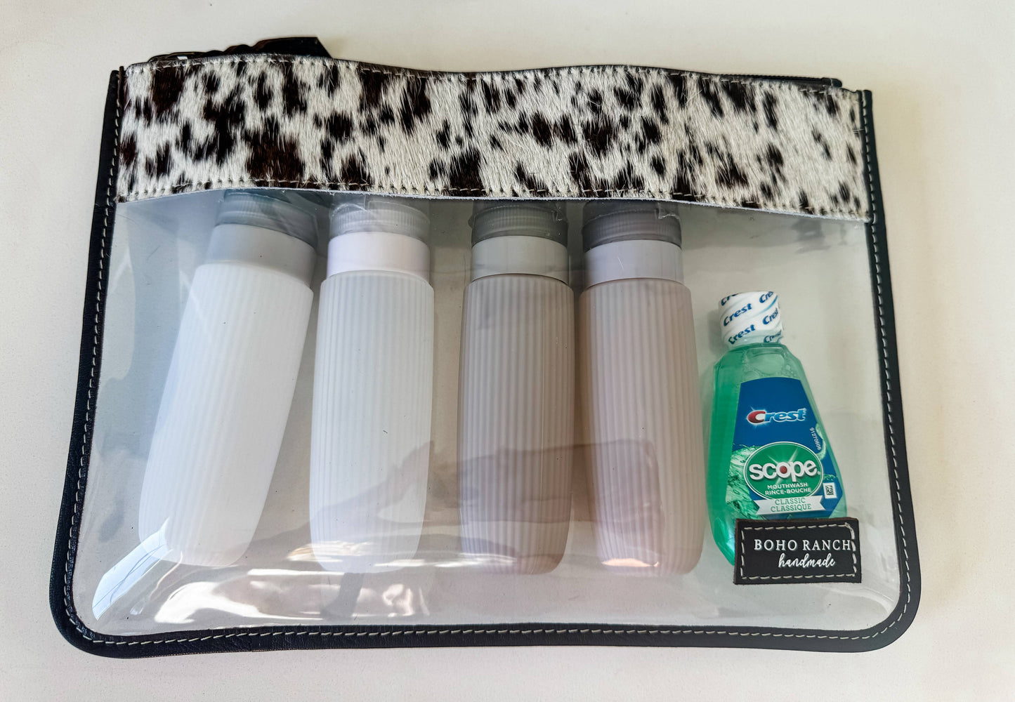 Boho Ranch Shop - Cowhide Clear Toiletry Makeup Bag, organizer Travel Pouch - BROWN + TURQUOISE