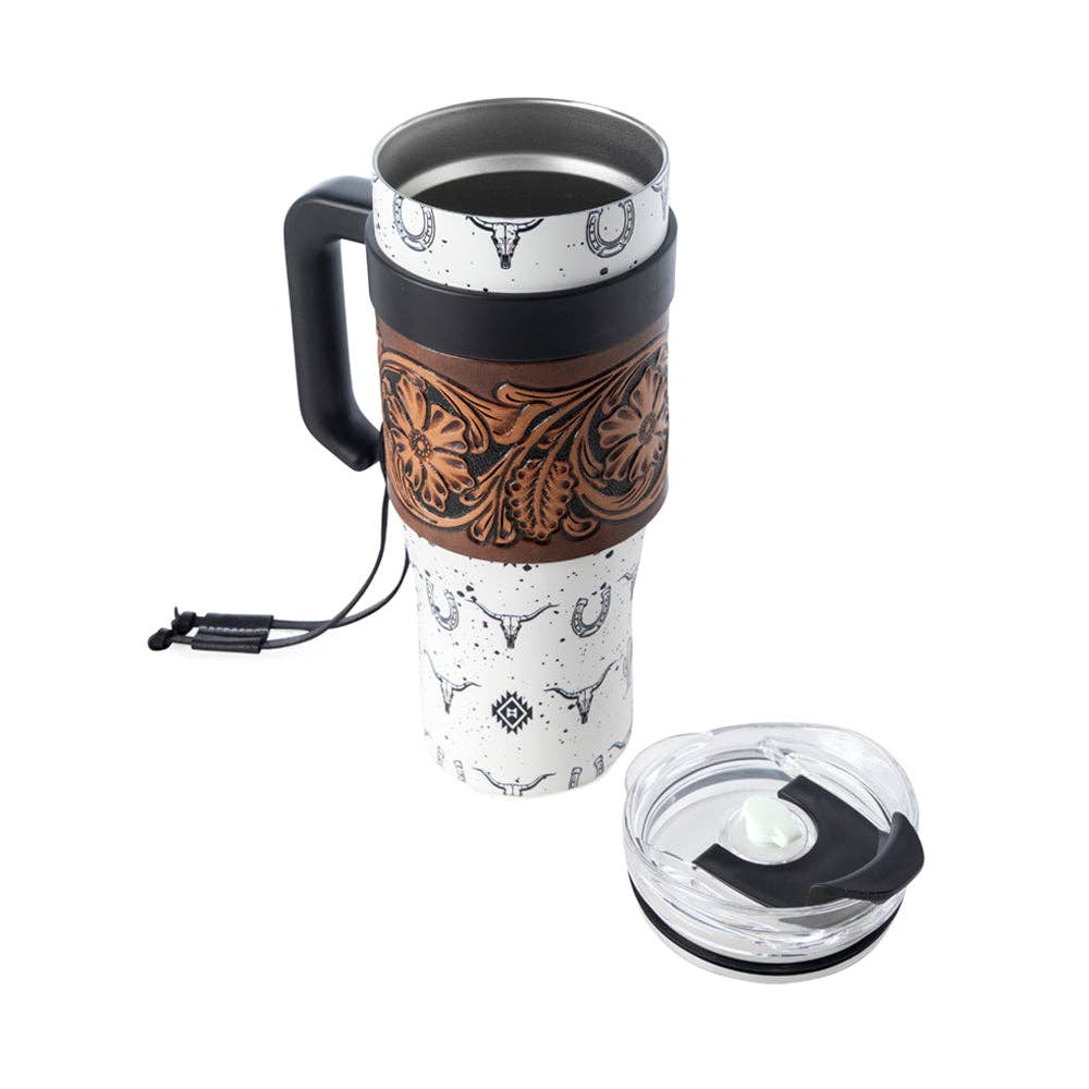 Myra Bag - Westmark Tooled Western Tumbler in White Stainless Steel with Leather Wrap and Handle for Use - WITH TOOLING