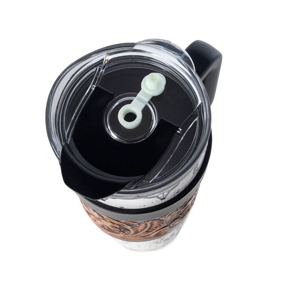 Myra Bag - Westmark Tooled Western Tumbler in White Stainless Steel with Leather Wrap and Handle for Use - WITH TOOLING