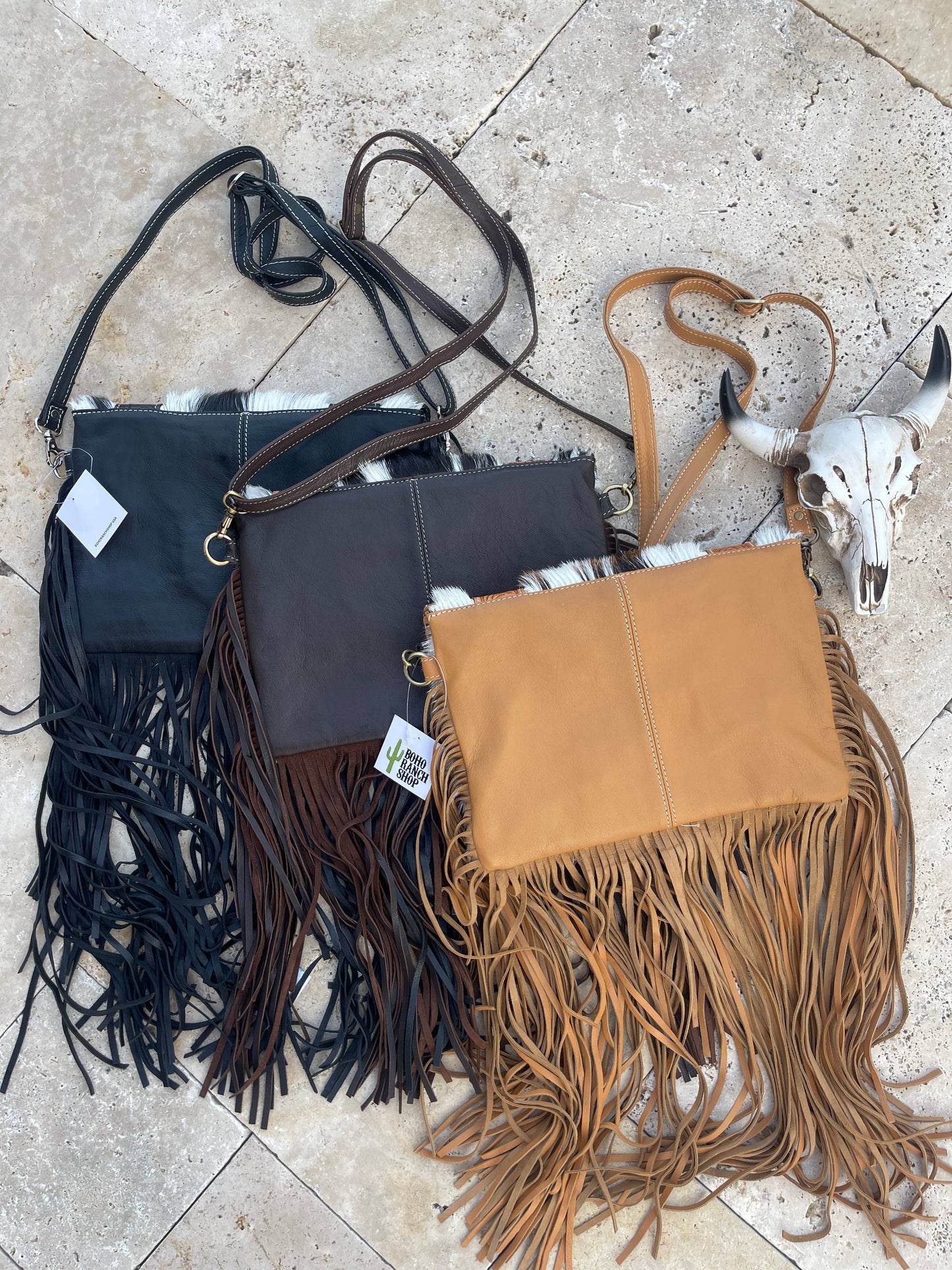 Boho Ranch Shop - THE REGINA CROSSBODY cowhide purse bag - BLACK LEATHER
