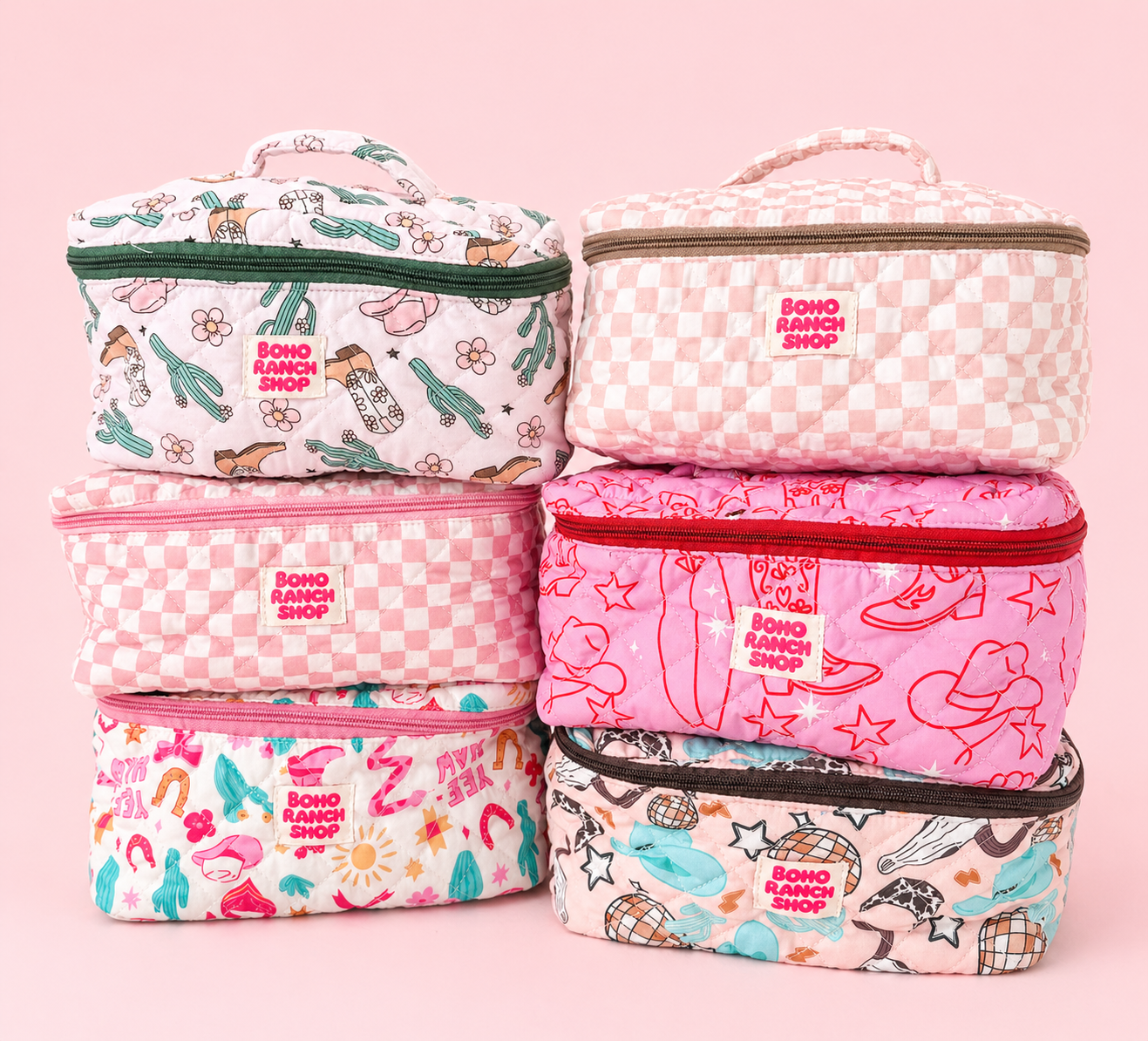 Boho Ranch Shop - Quilted Western Makeup Bag  | Cowgirl Cosmetic Bag Fabric  - CACTUS CUTIE