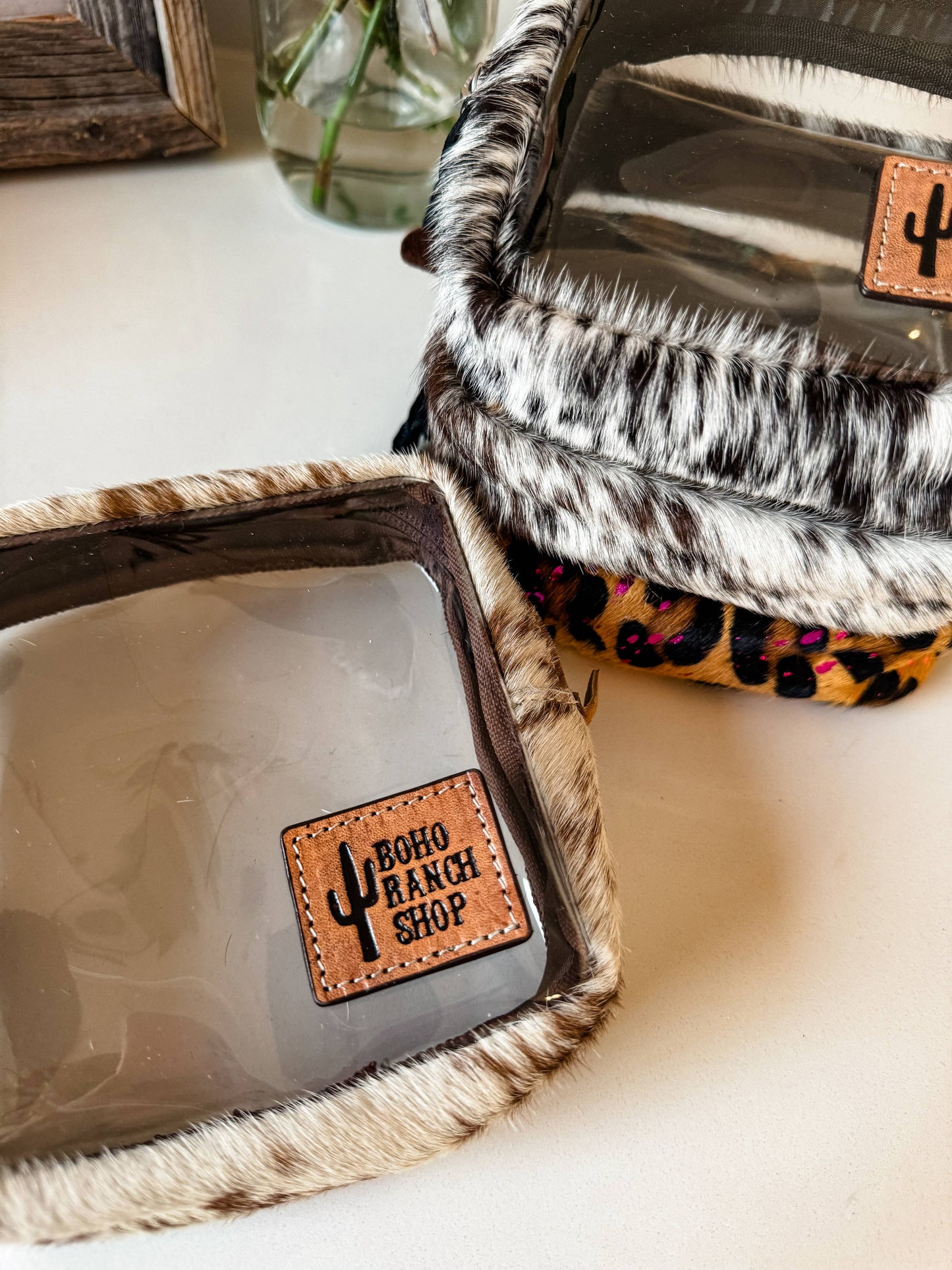 Boho Ranch Shop - Cowhide Cosmetic Clear Case - Toiletry Makeup Travel Bag - TAN + WHITE