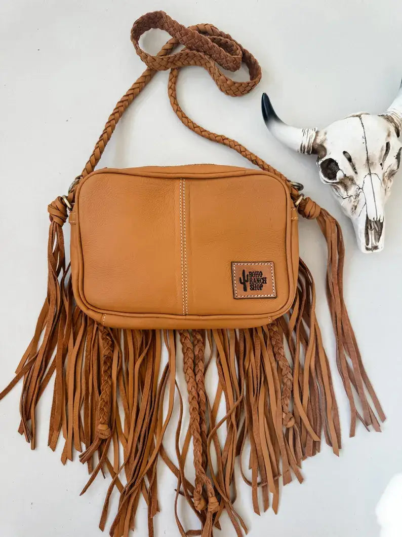 Boho Ranch Shop - THE MEGAN CROSSBODY cowhide Western Tooled Leather purse - BROWN + WHITE COWHIDE