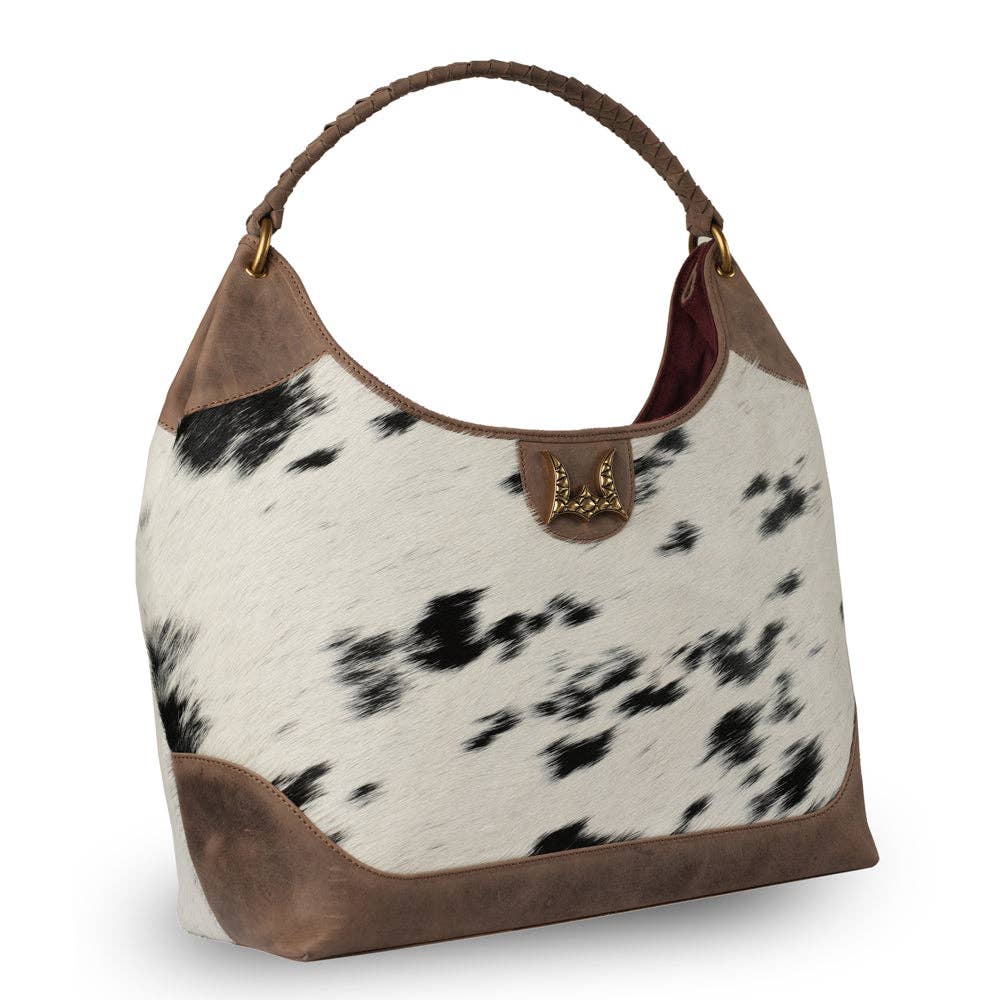 Myra Bag - LW Large Purse - Black & White Cowhide with Oiled Brown Leather - Black & White
