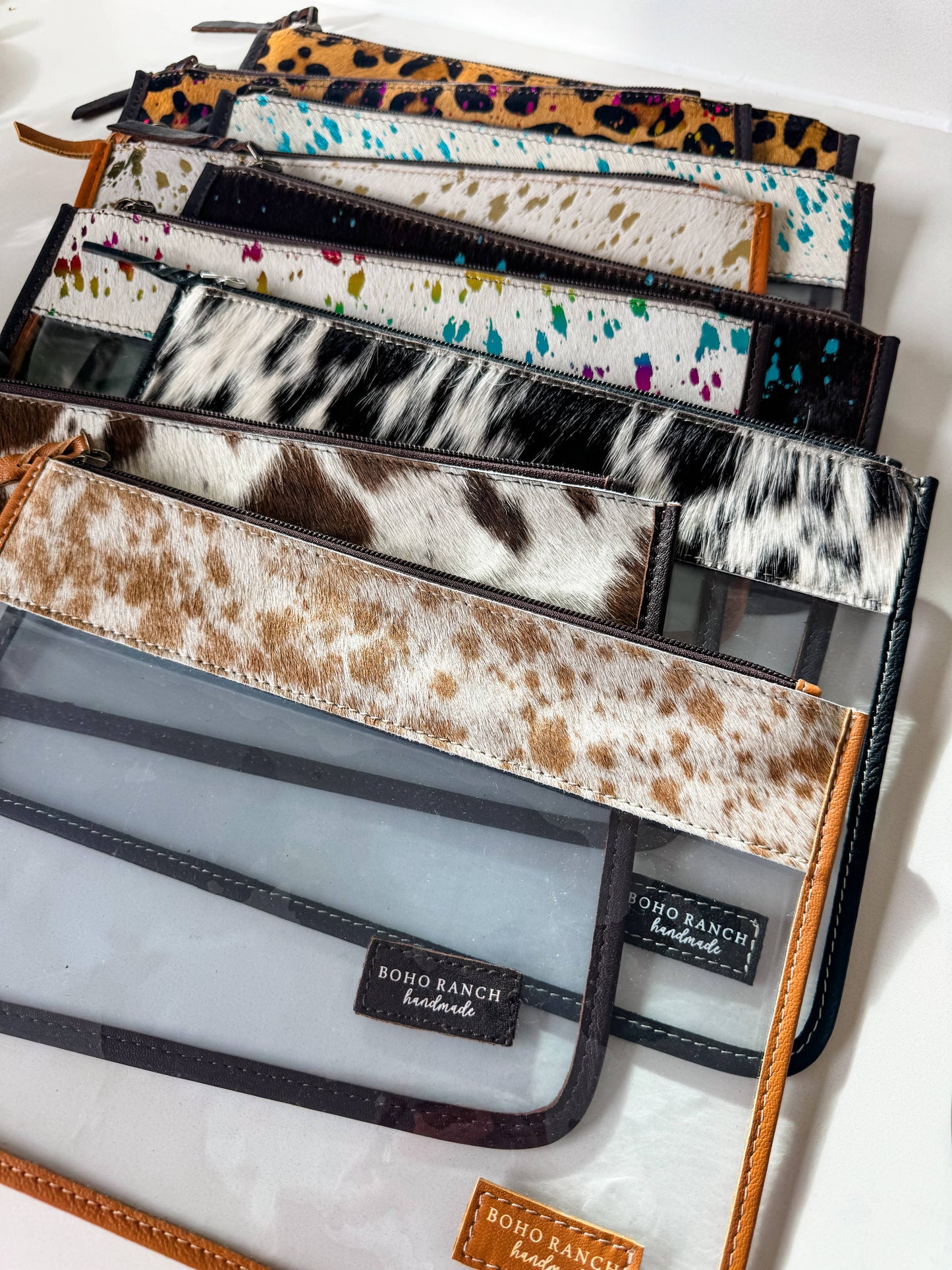 Boho Ranch Shop - Cowhide Clear Toiletry Makeup Bag, organizer Travel Pouch - TAN + WHITE COWHIDE