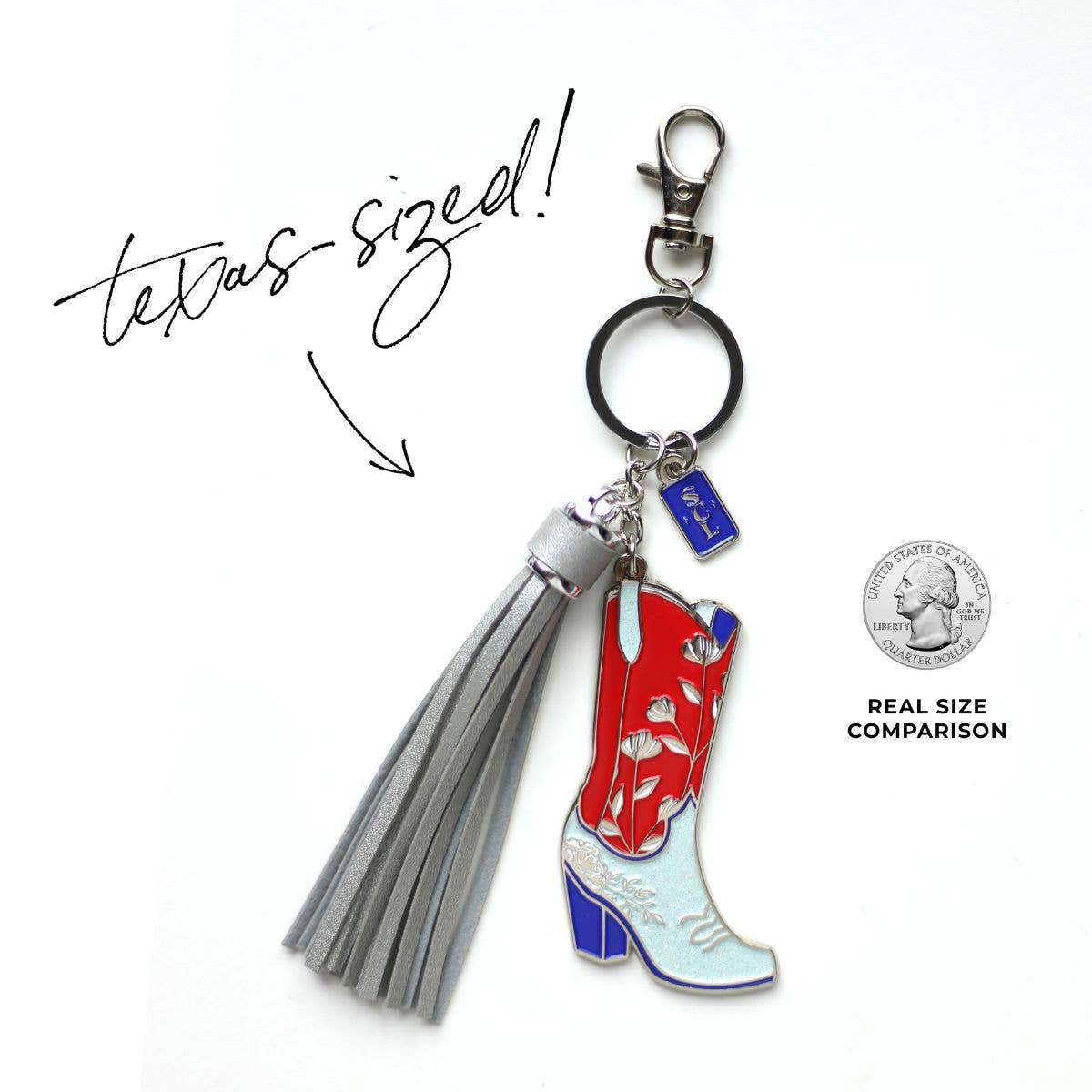 Sophisticated Country Lady - Patriotic Cowgirl Boot Keychain Bag Charm - Silver Tassel - Hanging Card