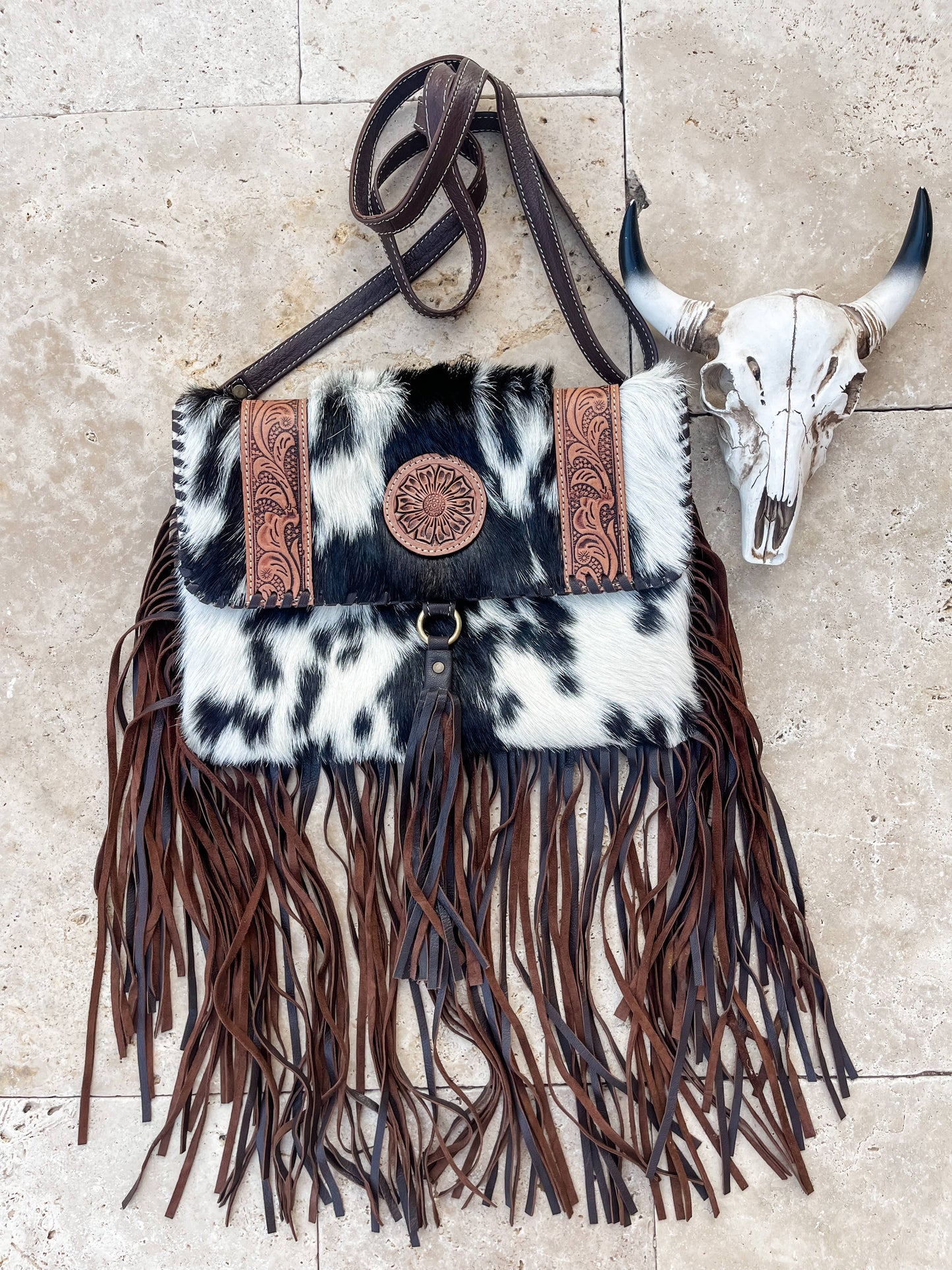 Boho Ranch Shop - THE REGINA CROSSBODY cowhide purse bag - BLACK LEATHER
