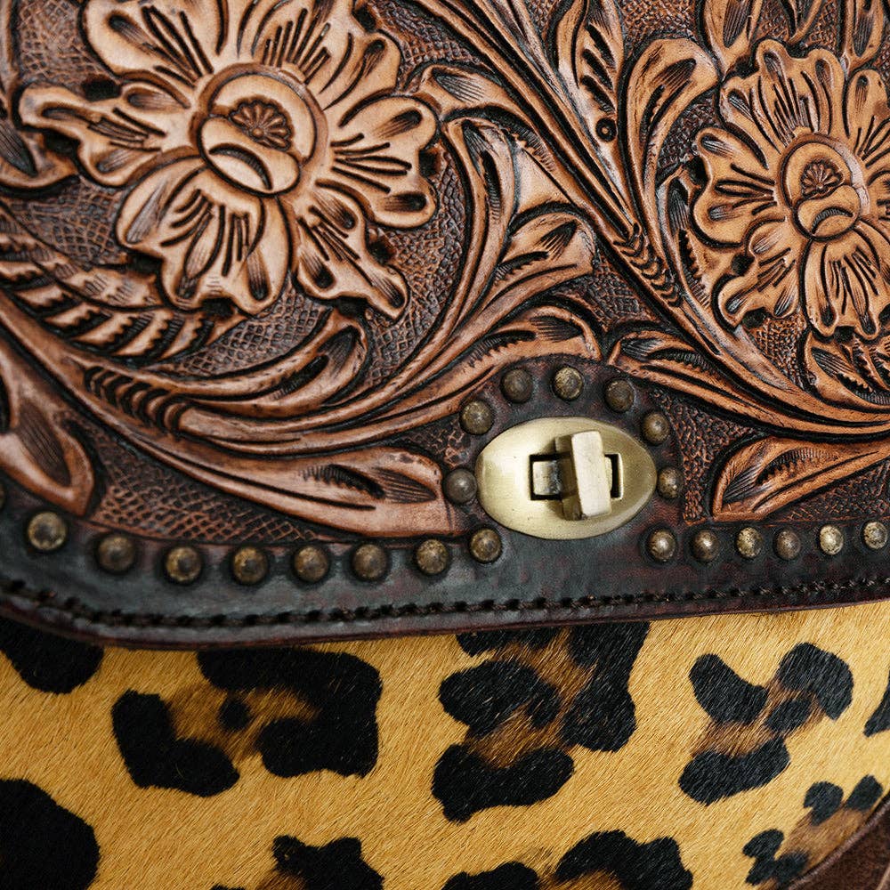 ADBGI220 Round Tooled Leather & Hair-On Crossbody Bag - Floral Flap Western Purse - ADBGI220C