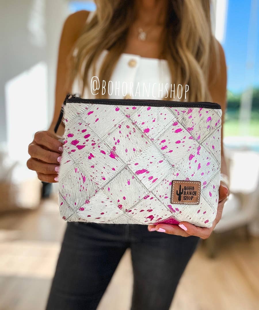 Boho Ranch Shop - Checkered Western Cowhide Makeup Bag Travel - BROWN + TURQUOISE