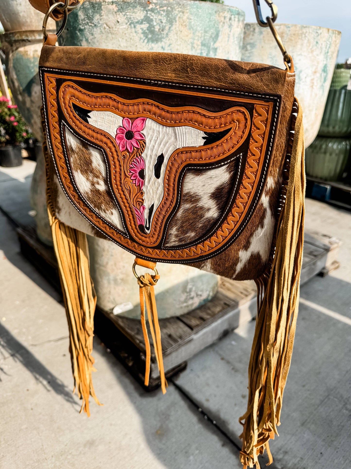 Boho Ranch Shop - THE CAROLINE CROSSBODY steer longhorn - cowhide purse bag - RED FLOWER