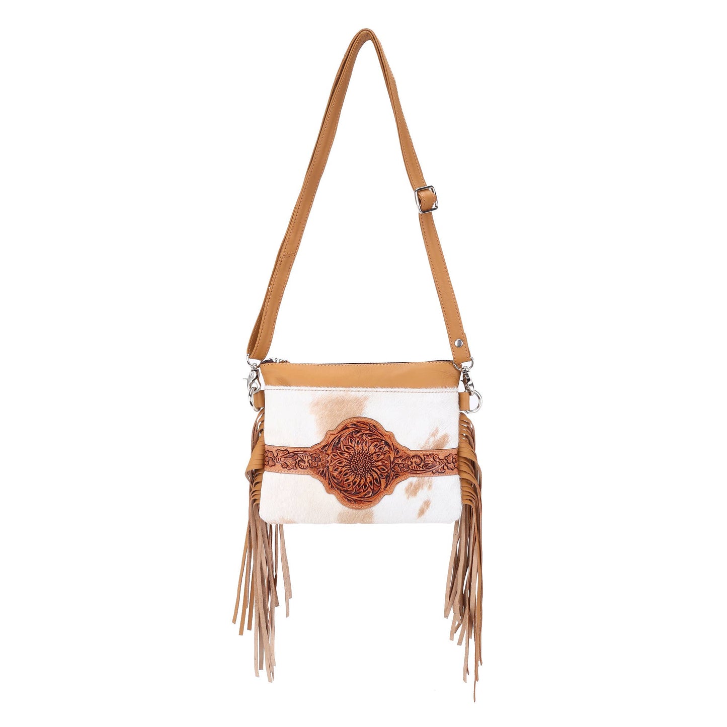 Leather Cowhide Western Hand Tooled Women's Small Crossbody - Freebird Rustic Brown with Cowhide