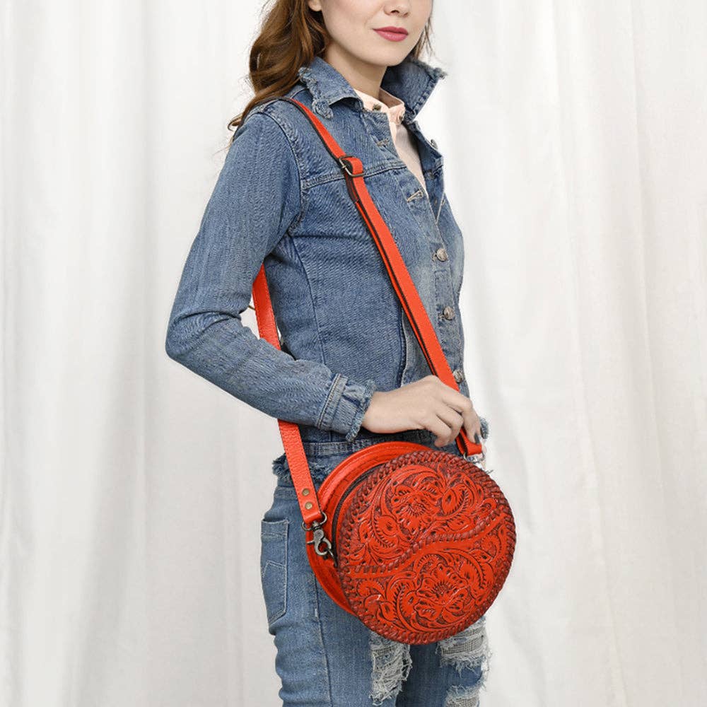 LS Western - ADBG1461 American Darling Western Leather Canteen Bag with Hand-Tooled Floral Detailing | Genuine Leather Crossbody - ADBG1461A
