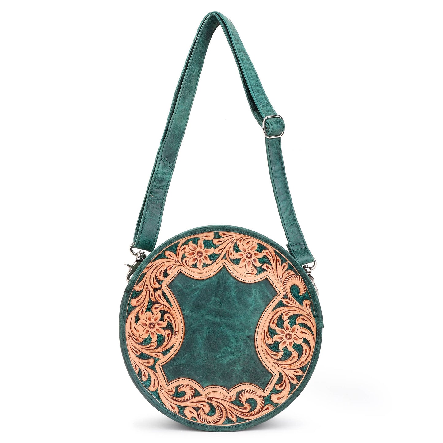 Leather Cowhide Western Hand Tooled Women's Round Crossbody - Free Bird Hand Tooled with Tan White Cowhide Inlay.