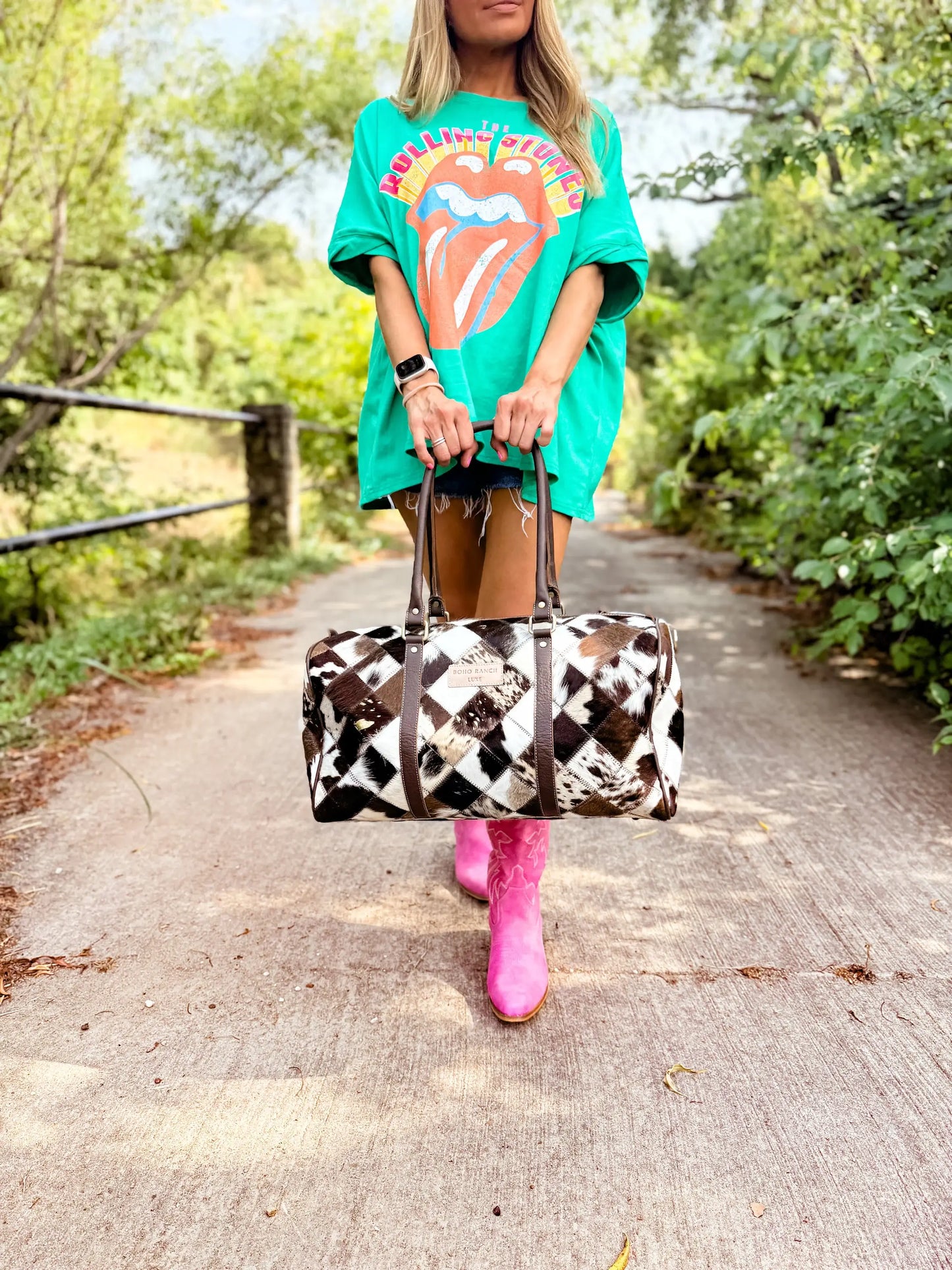 Boho Ranch Shop - BOHO LUXE DUFFLE Weekender Leather HairOn Cowhide Travel Bag - Brown +White Cowhide