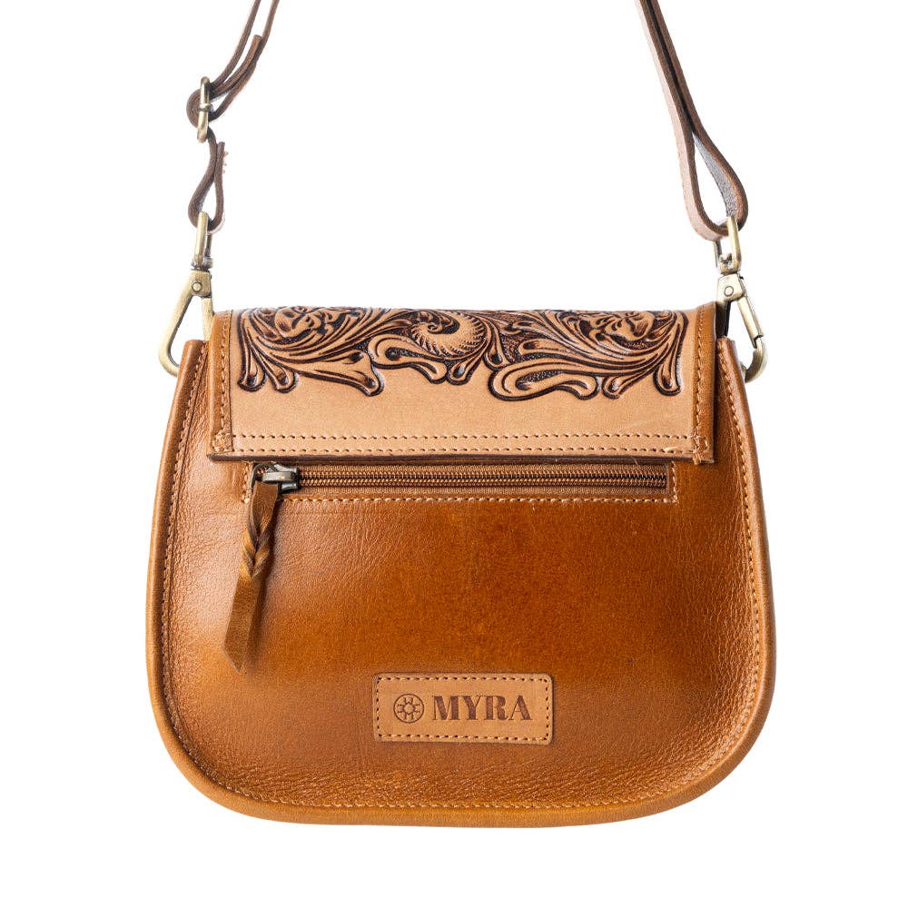Myra Bag - Goldrush Saddle handtooled Bag for Women in saddle tan with hair-on detail - Saddle Tan